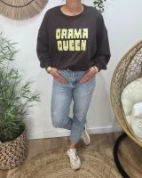Sweat femme marron broderie DRAMA QUEEN jaune