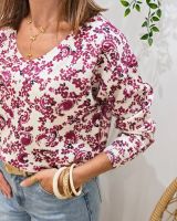 Pull femme col V écru fleurs prunes Margherita