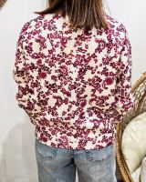 Pull femme col V écru fleurs prunes Margherita