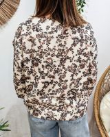 Pull femme col V écru fleurs marrons Margherita