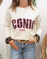 Pull femme beige ICONIC club léopard et rose