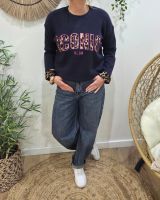 Pull femme bleu marine ICONIC club léopard et rose