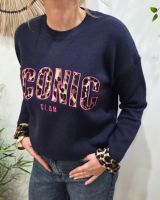 Pull femme bleu marine ICONIC club léopard et rose