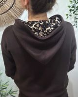 Sweat femme marron capuche et cordons léopard