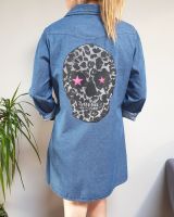Robe chemise en jeans tête de mort leopard étoiles roses