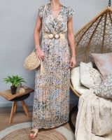 Robe longue bleu fleurs oranges et bleu ciel avec liseré doré