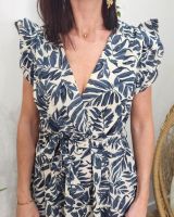 Robe longue femme écru feuillage bleu