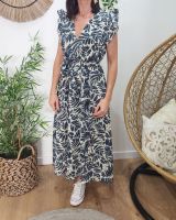 Robe longue femme écru feuillage bleu