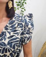 Robe longue femme écru feuillage bleu