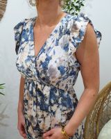 Robe longue femme bleue écrue et dorée manche volante Aurea