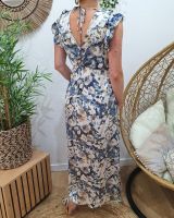 Robe longue femme bleue écrue et dorée manche volante Aurea