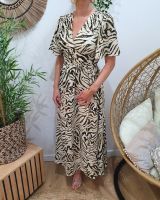 Robe longue femme écru motifs zébrés kaki et dorée