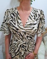 Robe longue femme écru motifs zébrés kaki et dorée