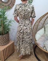 Robe longue femme écru motifs zébrés kaki et dorée