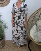 Robe longue femme écrue feuillages noirs Thalia