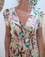 Robe longue femme écrue feuillages mauves et verts dorures