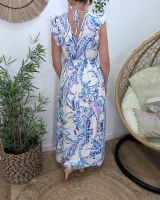 Robe longue femme écrue motifs bleus mauves Silwen