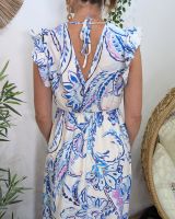 Robe longue femme écrue motifs bleus mauves Silwen