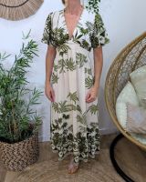 Robe longue femme beige motifs tropicaux kaki