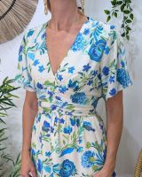 Robe femme écrue fleurs bleues et vertes manches volantes Orielle