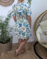 Robe femme écrue fleurs bleues et vertes manches volantes Orielle