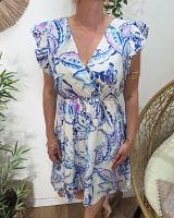 Robe femme écrue motifs bleus mauves Silwen