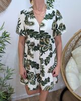 Robe chemise femme écrue feuilles vertes kaki Théaïs