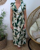 Robe longue femme écru feuillages verts Maëlya