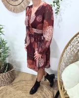 Robe femme bordeaux fleurs terracotta beiges et dorures Lounaé