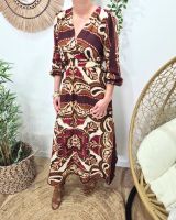 Robe longue femme bordeaux motifs prunes camels et beiges Malia