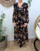 Robe longue femme noire fleurs terracotta et dorures Clara