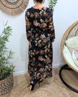 Robe longue femme noire fleurs terracotta et dorures Clara