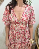 Robe longue femme écrue fleurs roses rouges Noémie