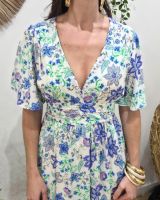 Robe longue femme écrue fleurs bleues et vertes Cassiopea