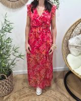Robe longue femme fuchsia orange kaki manches à volants Zéphina