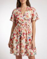 Robe courte femme écrue fleurs roses orangées fluide été Aurelia