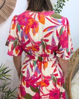 Robe longue femme beige fleurs fuchsias oranges kaki fluide été Majkenia