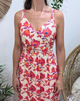 Robe longue femme à bretelles dos noué beige fleurs fuchsias orangées fluide été Belina