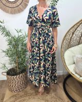  Robe longue femme marine feuilles vertes et beiges manches courtes