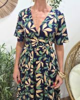 Robe longue femme marine feuilles vertes et beiges manches courtes