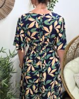  Robe longue femme marine feuilles vertes et beiges manches courtes