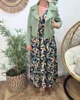  Robe longue femme marine feuilles vertes et beiges manches courtes