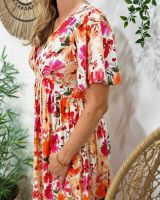  Robe longue femme manches courtes fleurs oranges fuchsia et jaunes Rachele