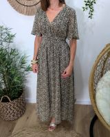 Robe longue femme marron fleurs vertes et jaunes Ileana