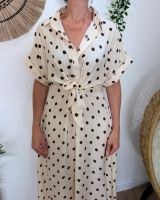  Robe longue femme chemise nouée à pois beige et marron