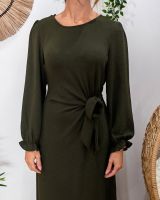  Robe longue femme nouée kaki Elise manches longues