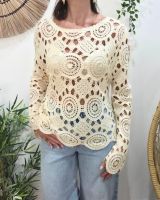 Top femme crochet manches longues beige Isild