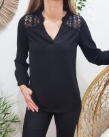 Blouse femme épaules et dos ajourés ethnique noire
