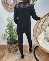 Blouse femme épaules et dos ajourés ethnique noire