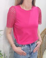 T-shirt femme rose fuchsia manches brodées Léontine